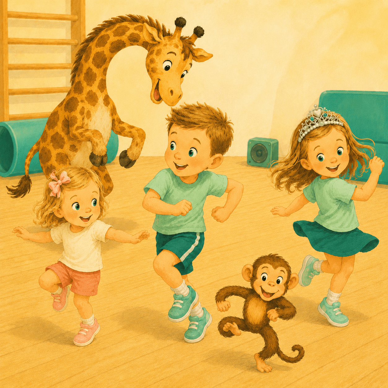 Tre barn dansar tillsammans med en giraff och en apa