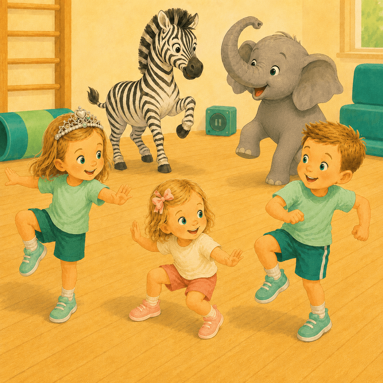 Barn, zebra och elefant fryser mitt i rörelsen under Djurstopp